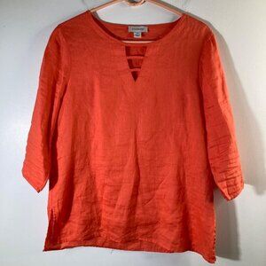 Womens Calligraphie Linen Tunic 3/4 Sleeve Cut Outs Orange M‎